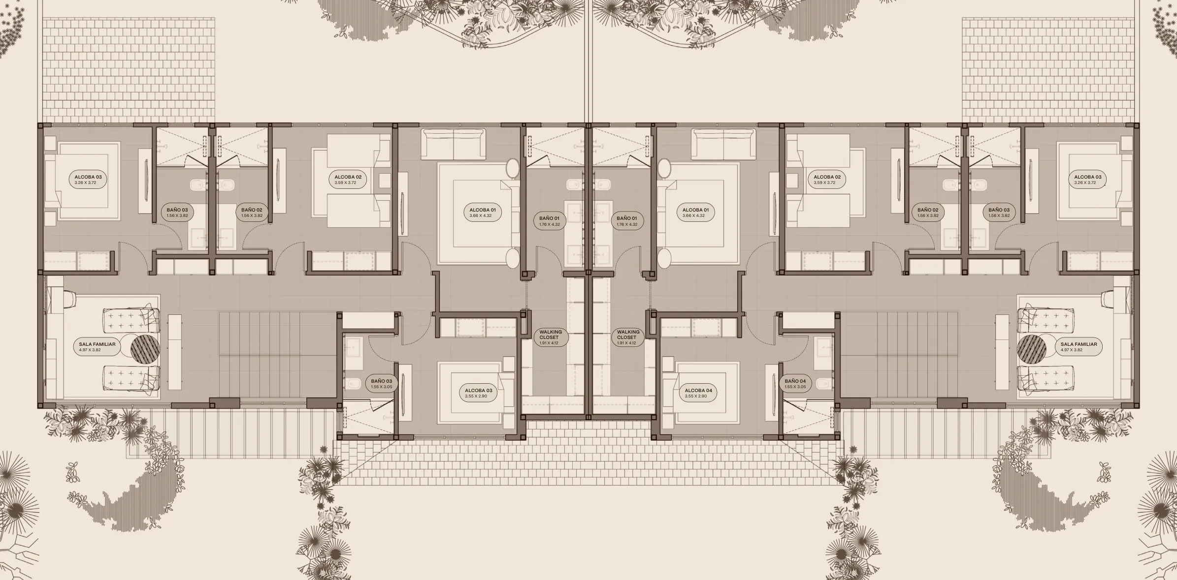 Planta alta del modelo B4 de The Woods en Santa María: cuatro recámaras, cuatro baños, walking closet y sala familiar