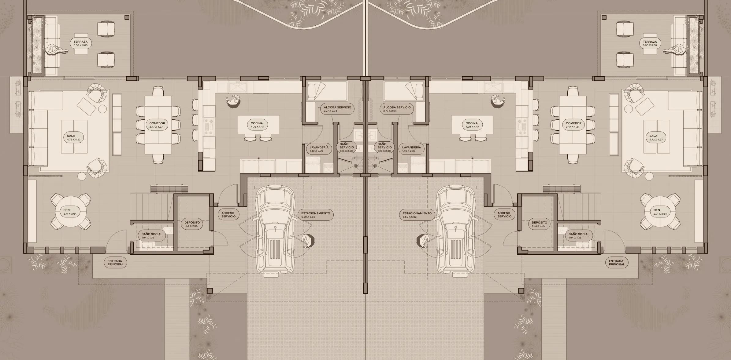 Planta baja del modelo B4 de The Woods en Santa María, versión con terrazas separadas: sala, comedor, cocina, den y estacionamiento