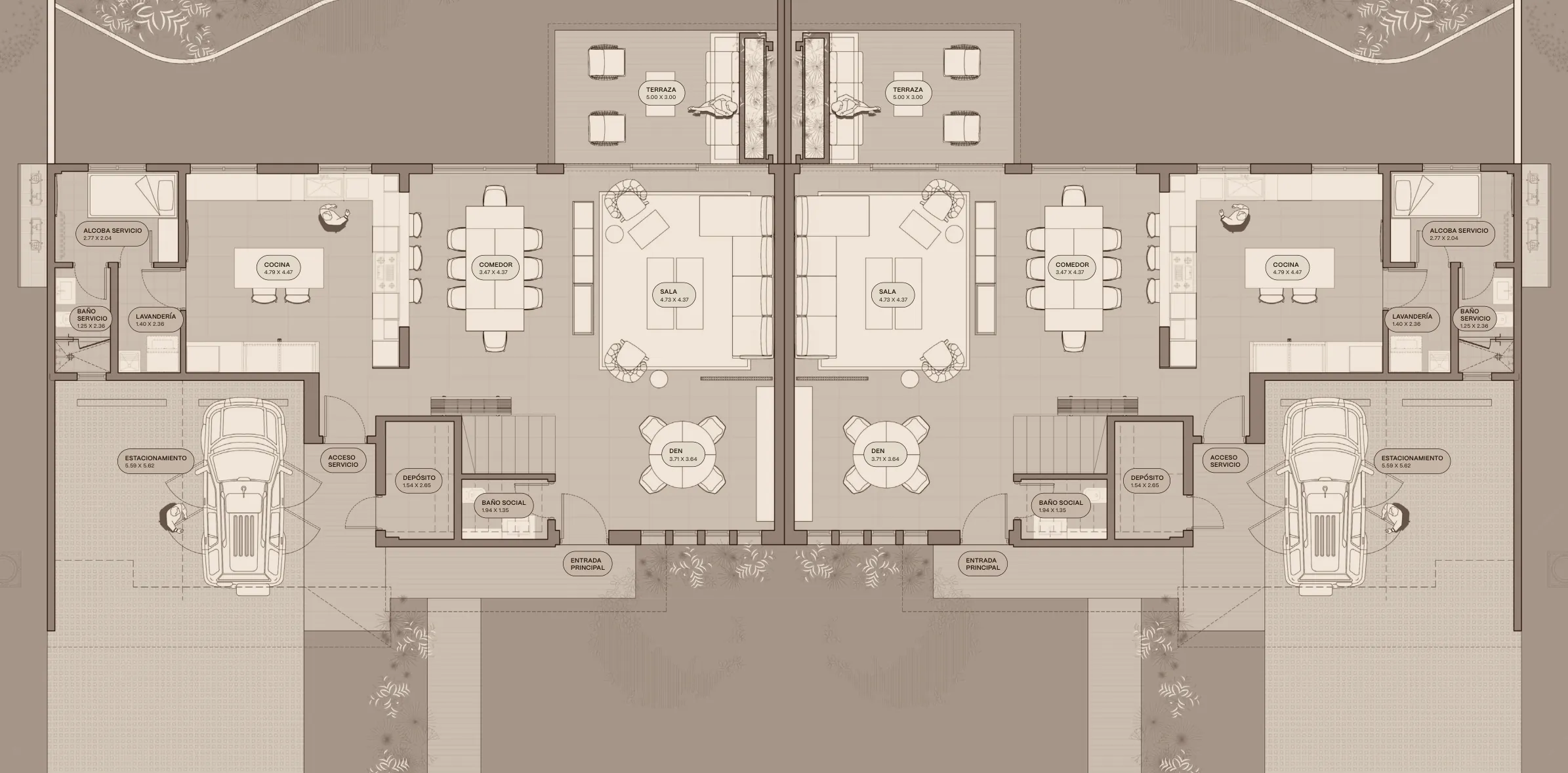 Planta baja del modelo B4 de The Woods en Santa María, versión con terrazas unidas: sala, comedor, cocina, den y estacionamiento