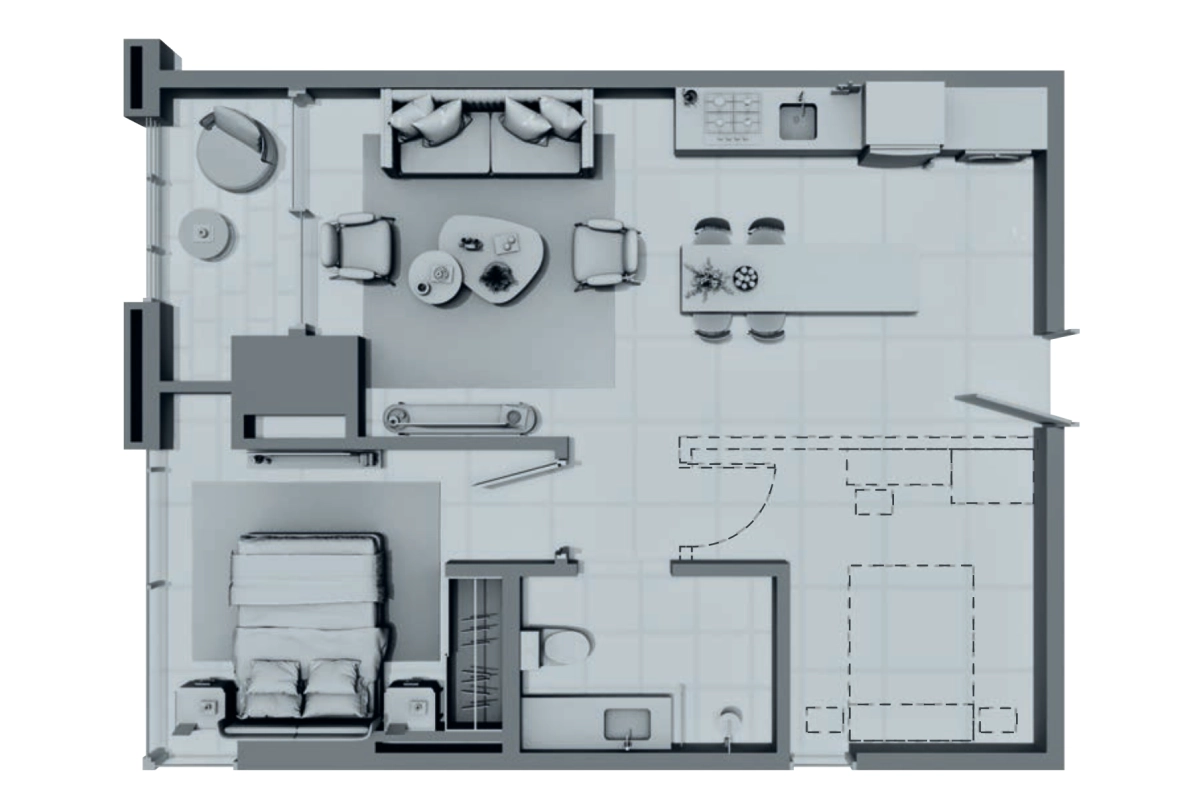 Plano de Condo Suite Tipo 2 en Uptown, Calle Uruguay, Panamá: 1 recámara, 1 baño, 70 m²