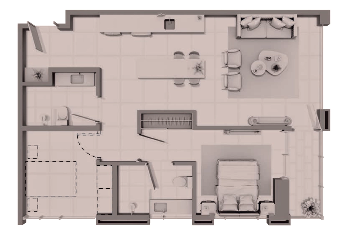 Plano de Condo Suite Tipo 3 en Uptown, Calle Uruguay, Panamá: 1 recámara, 2 baños, 86 m²