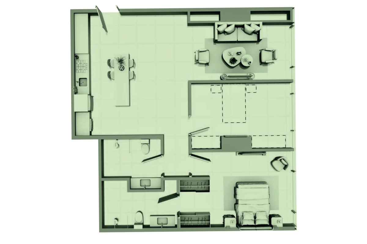 Plano de Condo Suite Tipo 4 en Uptown, Calle Uruguay, Panamá: 1 recámara, 2 baños, 103 m²