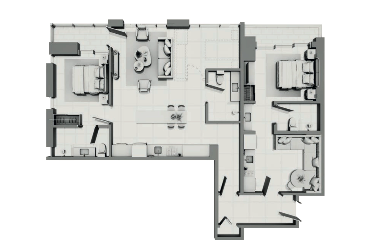 Plano de Condo Suite Tipo 5 Concepto Lockout en Uptown, Calle Uruguay, Panamá: 2 recámaras, 3 baños, 131 m²
